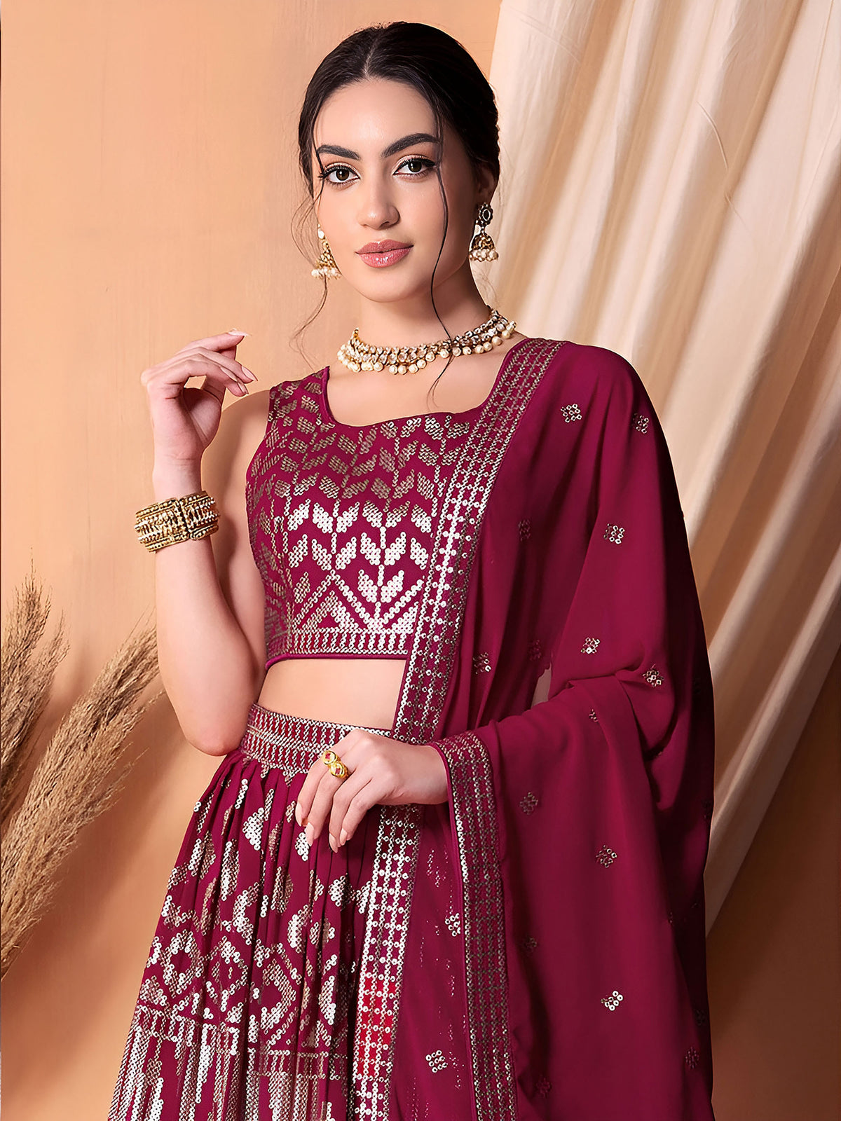 Dark Pink Sequin & Thread Work Georgette Festive Lehenga Choli