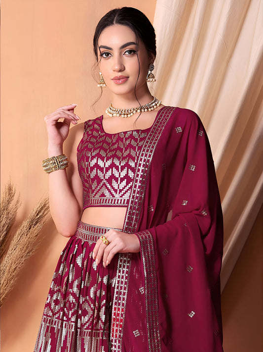 Dark Pink Sequin & Thread Work Georgette Festive Lehenga Choli