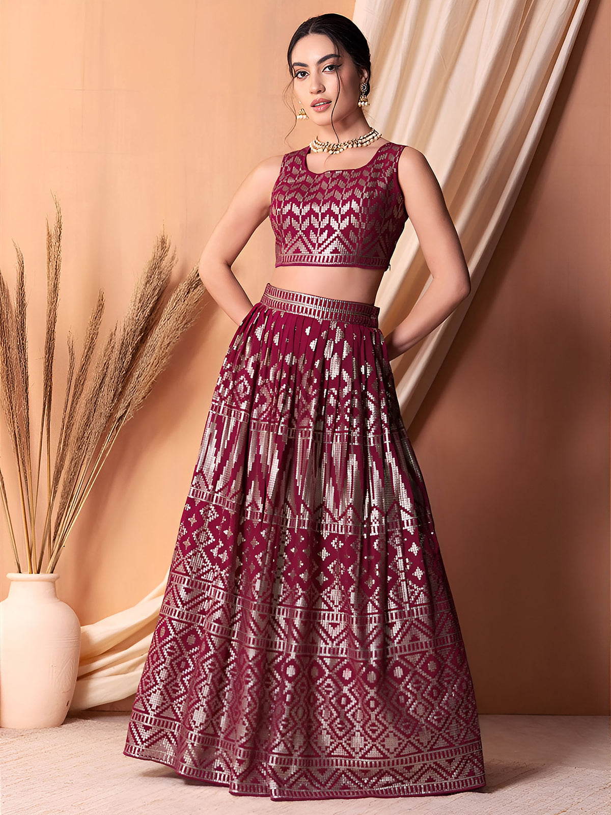 Dark Pink Sequin & Thread Work Georgette Festive Lehenga Choli