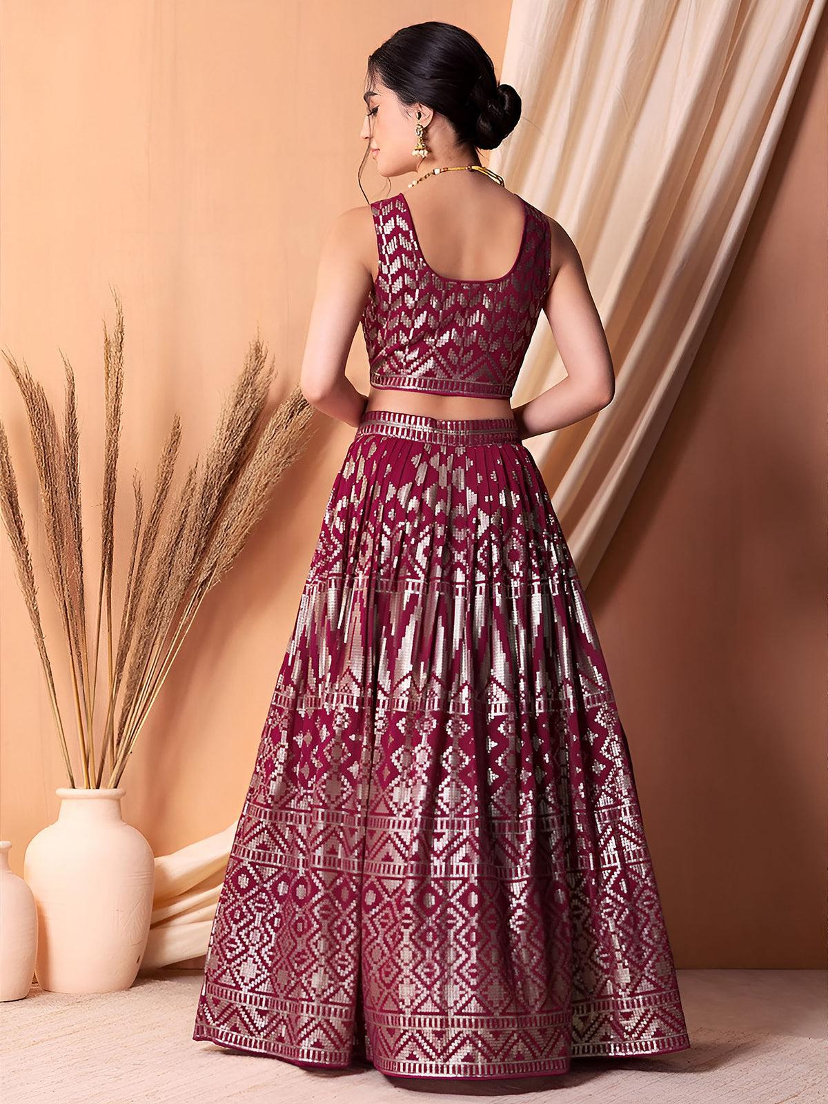 Dark Pink Sequin & Thread Work Georgette Festive Lehenga Choli