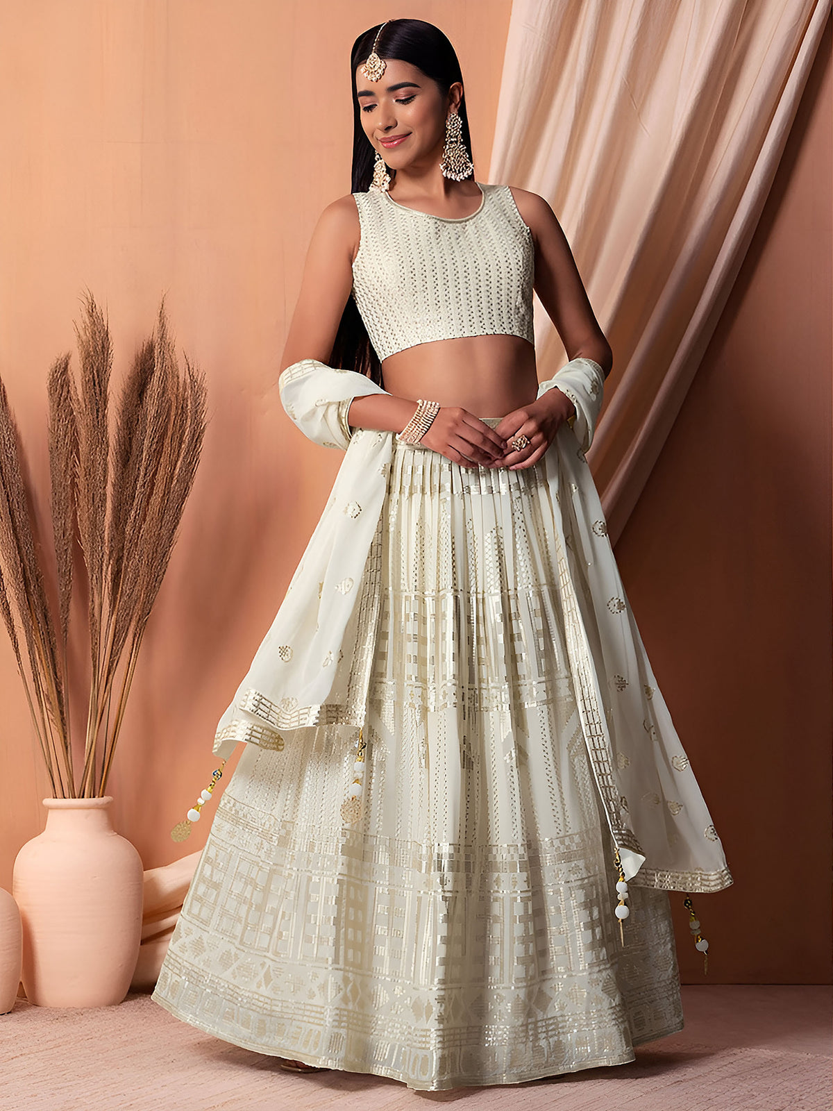 White Sequin & Thread Work Georgette Festive Lehenga Choli