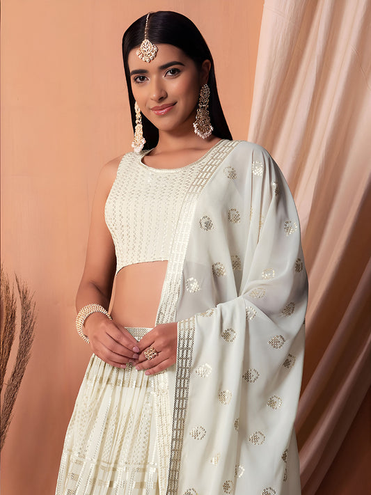 White Sequin & Thread Work Georgette Festive Lehenga Choli