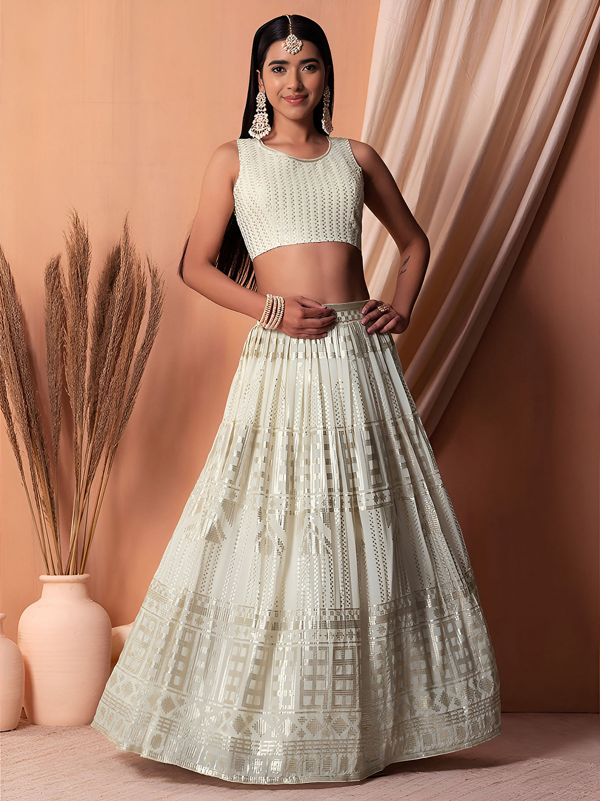 White Sequin & Thread Work Georgette Festive Lehenga Choli