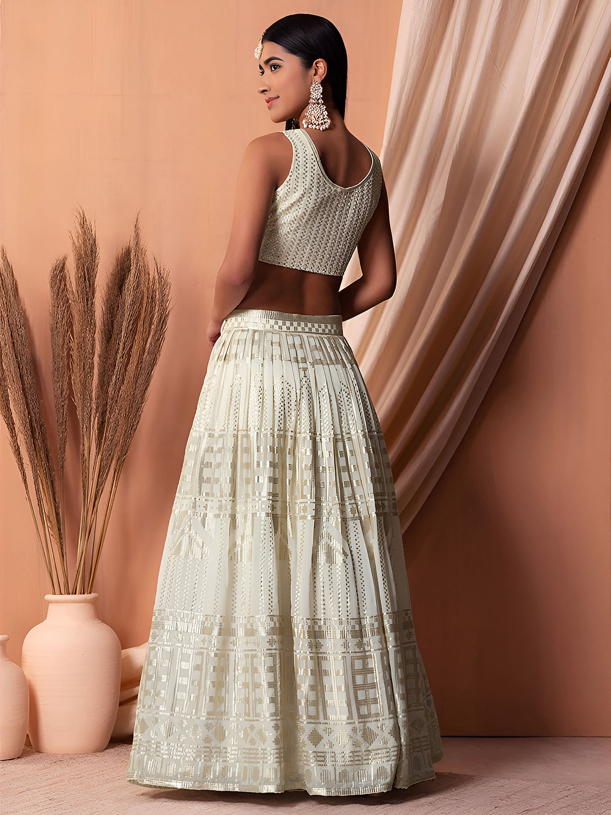 White Sequin & Thread Work Georgette Festive Lehenga Choli