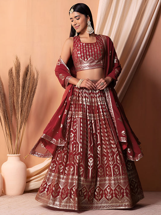 Maroon Sequin & Thread Work Georgette Festive Lehenga Choli