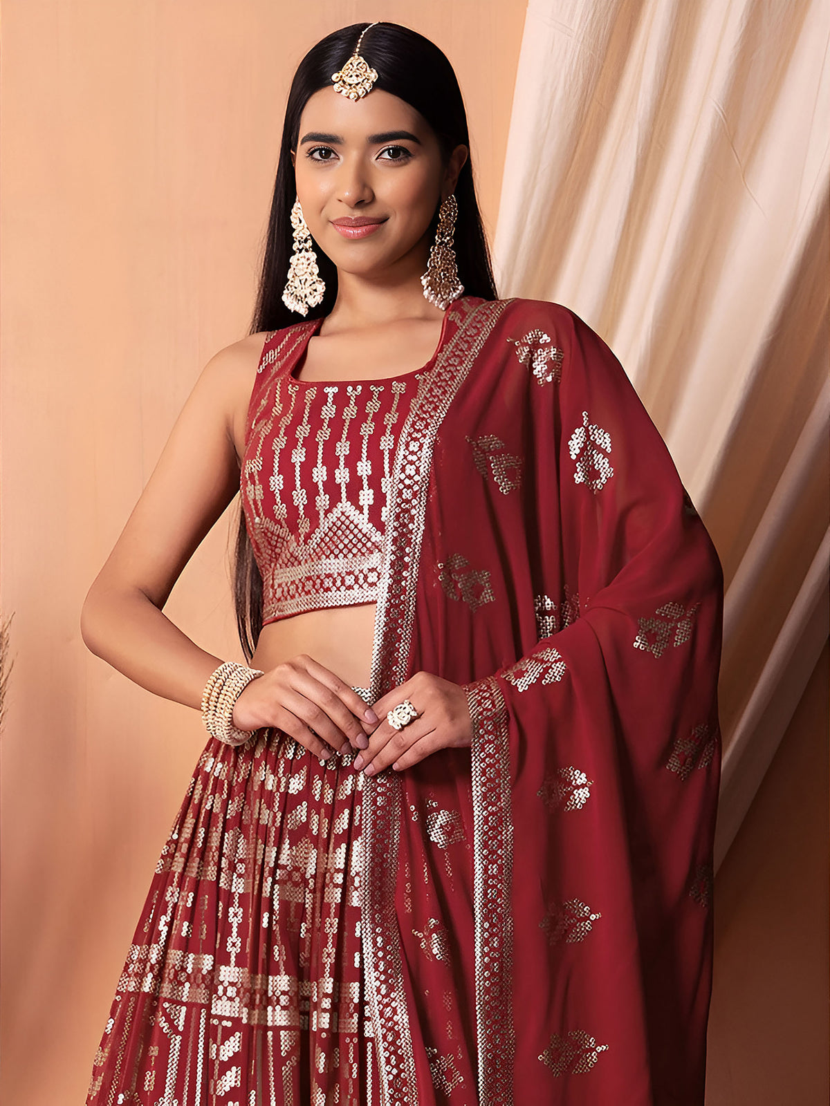 Maroon Sequin & Thread Work Georgette Festive Lehenga Choli