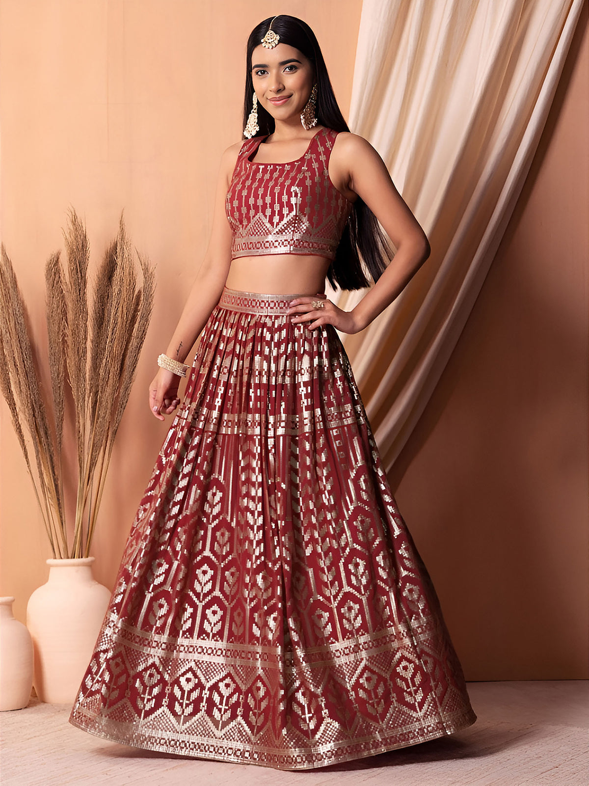 Maroon Sequin & Thread Work Georgette Festive Lehenga Choli