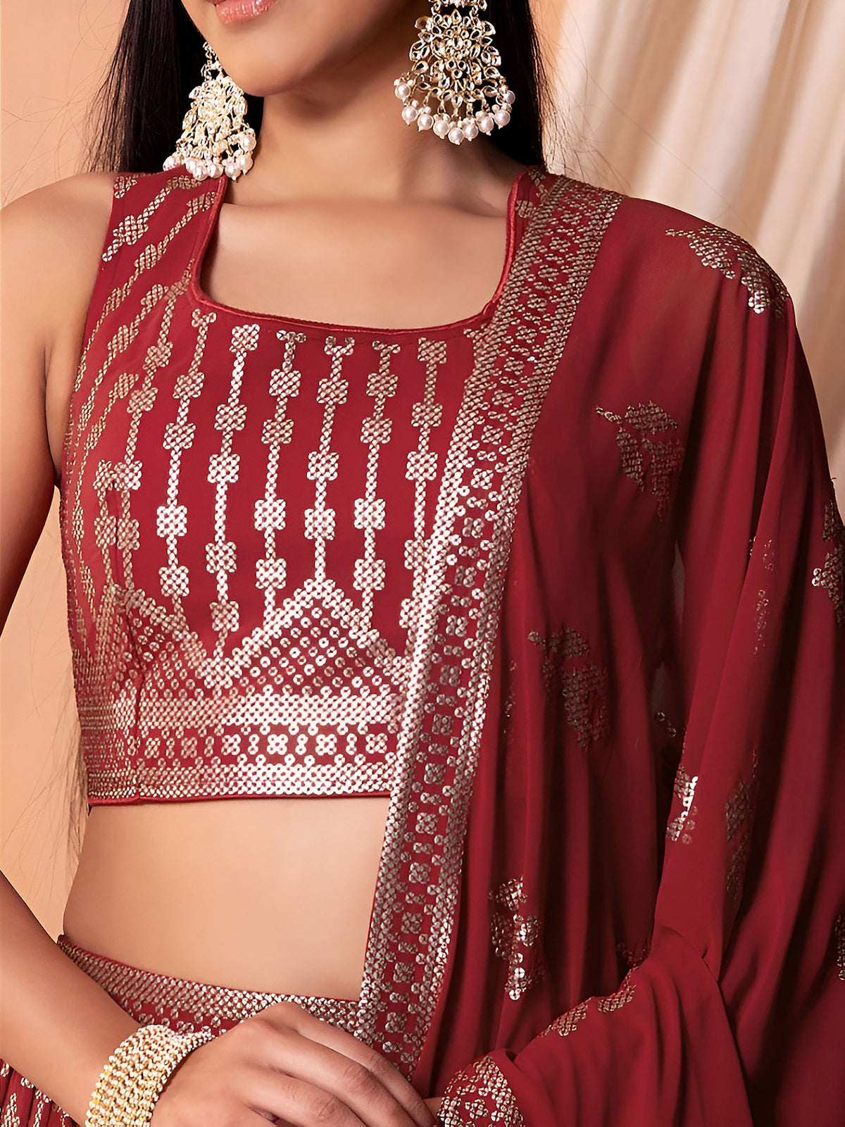 Maroon Sequin & Thread Work Georgette Festive Lehenga Choli