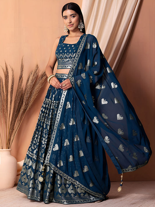 Teal Blue Sequin & Thread Work Georgette Festive Lehenga Choli