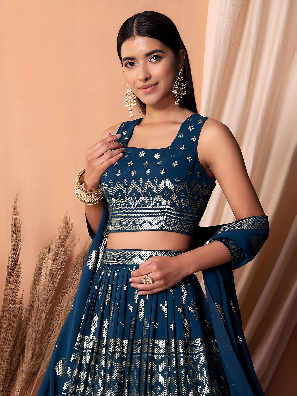 Teal Blue Sequin & Thread Work Georgette Festive Lehenga Choli