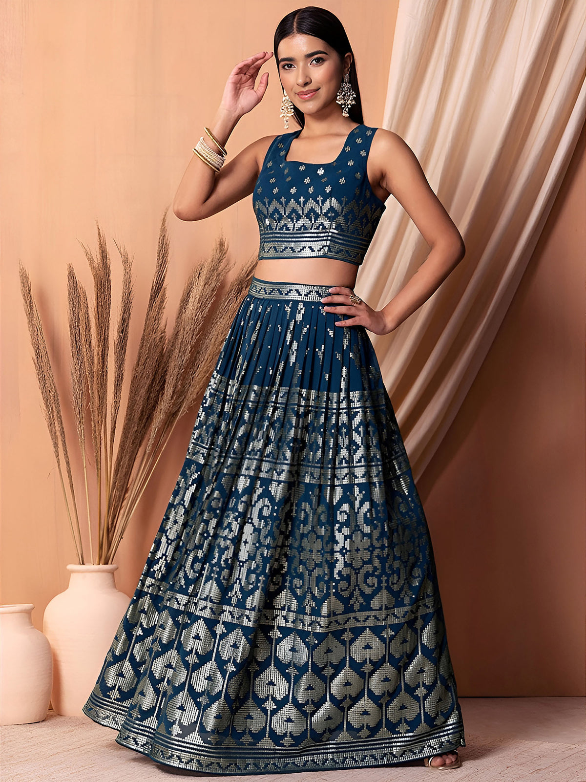 Teal Blue Sequin & Thread Work Georgette Festive Lehenga Choli