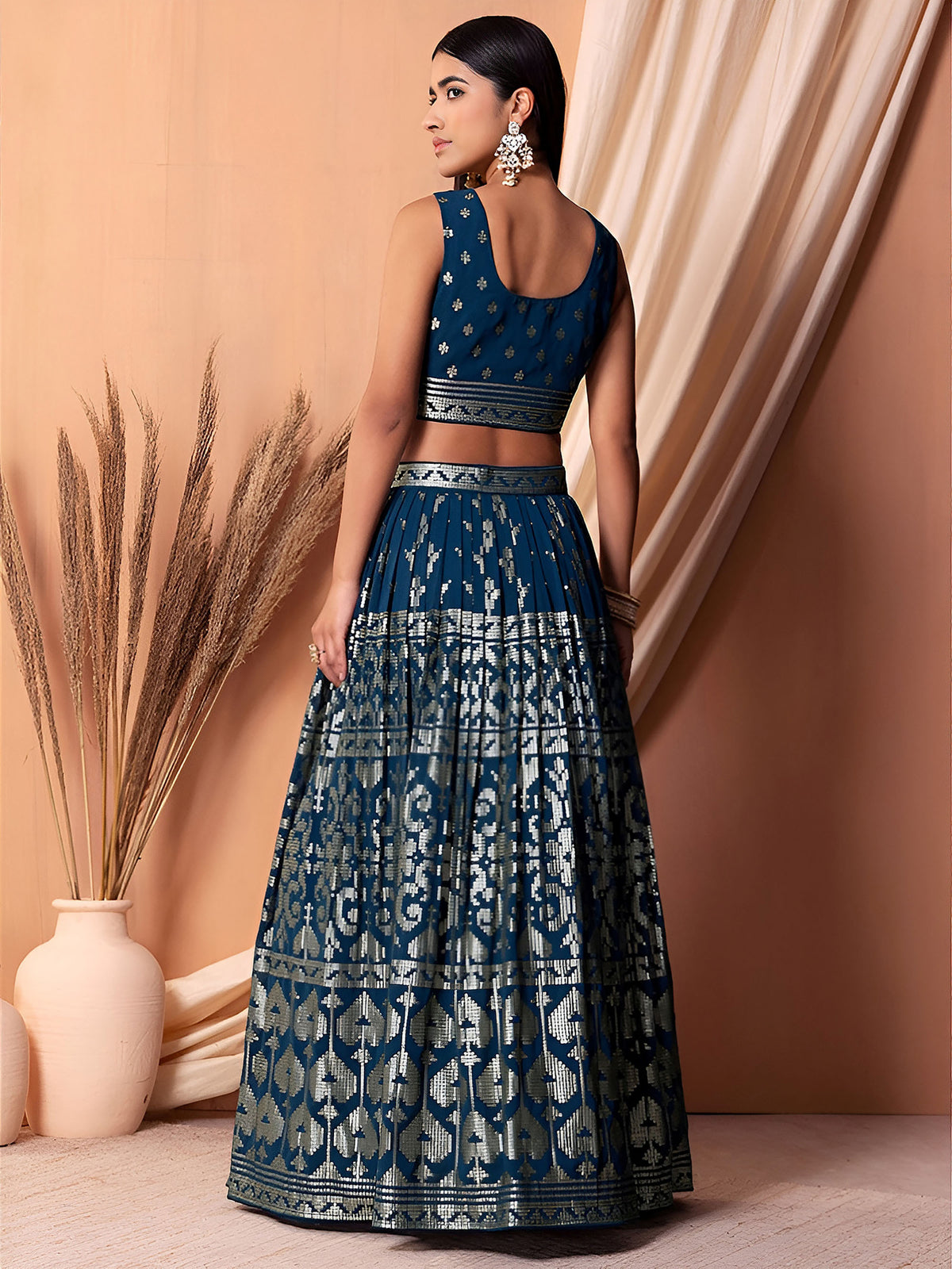 Teal Blue Sequin & Thread Work Georgette Festive Lehenga Choli