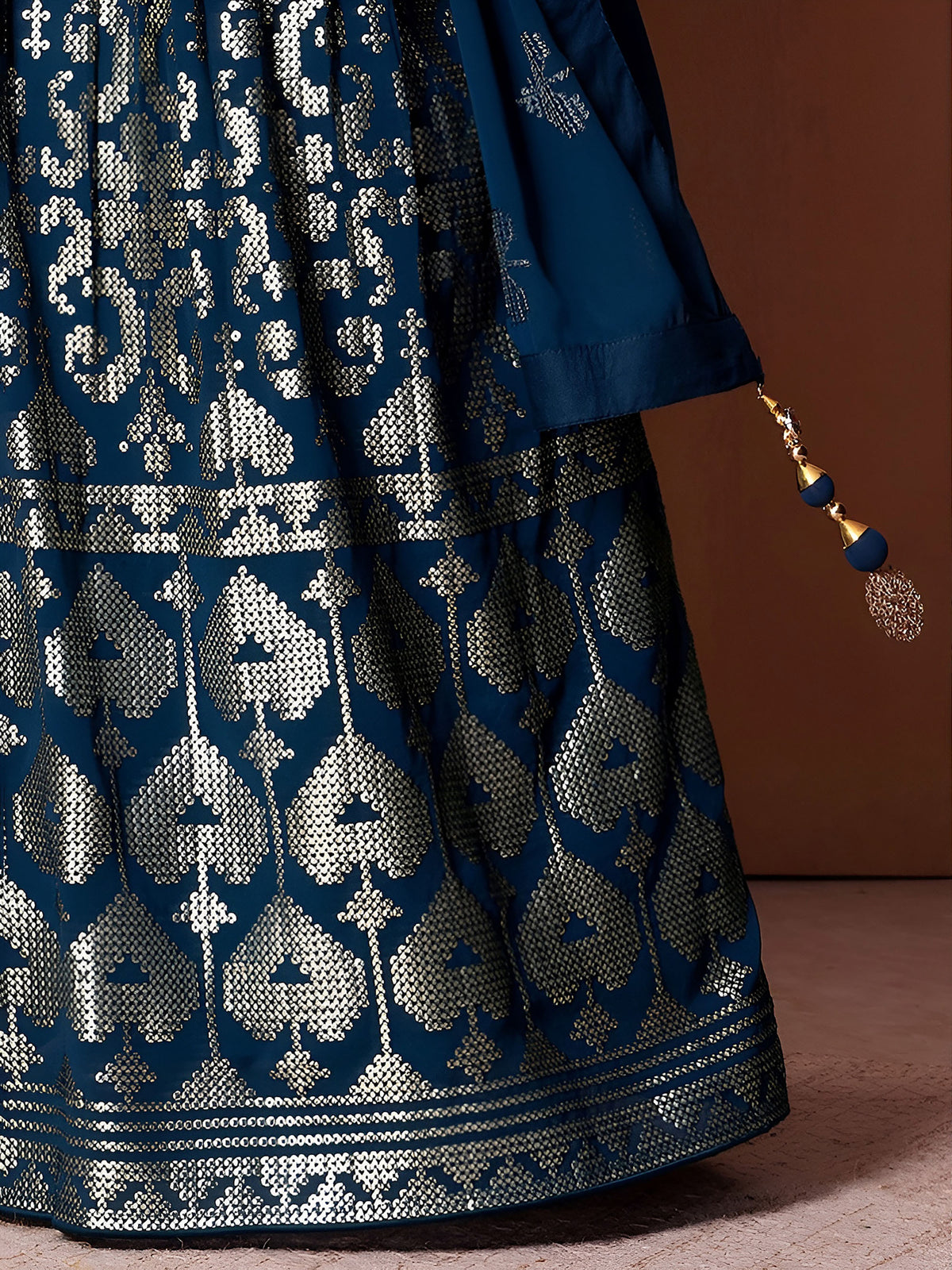 Teal Blue Sequin & Thread Work Georgette Festive Lehenga Choli