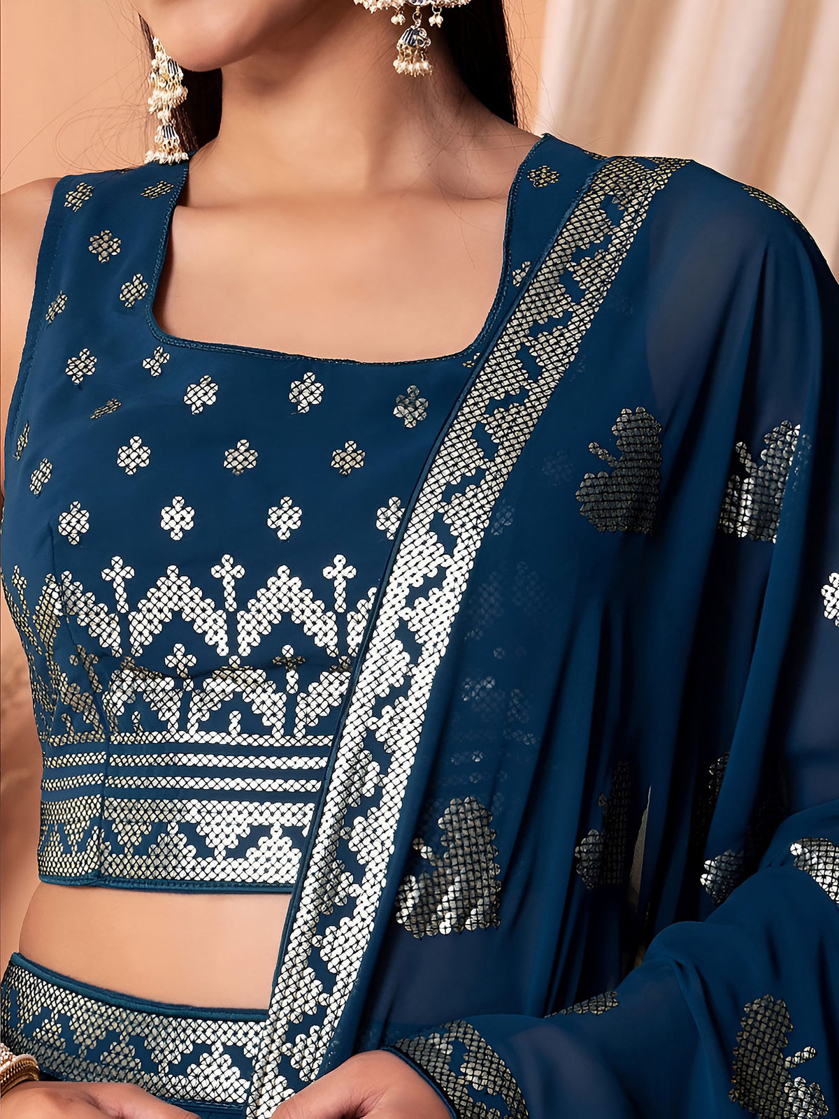 Teal Blue Sequin & Thread Work Georgette Festive Lehenga Choli
