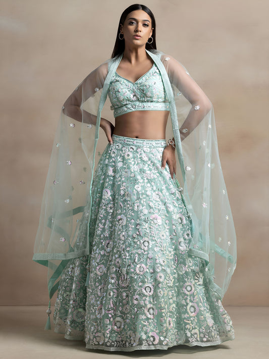 Sea Green Net Thread & Sequins Embroidered Lehenga Choli for Mehendi