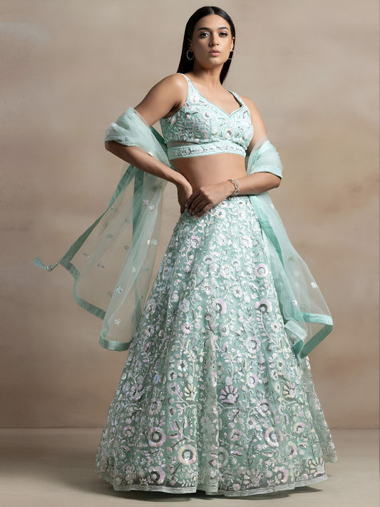 Sea Green Net Thread & Sequins Embroidered Lehenga Choli for Mehendi