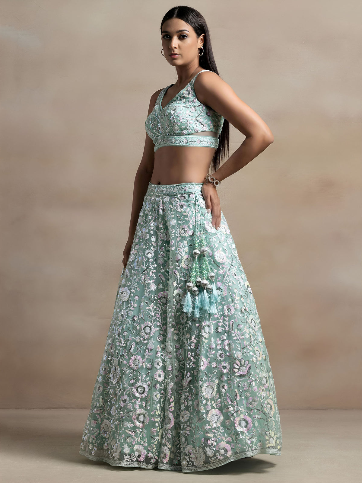 Sea Green Net Thread & Sequins Embroidered Lehenga Choli for Mehendi