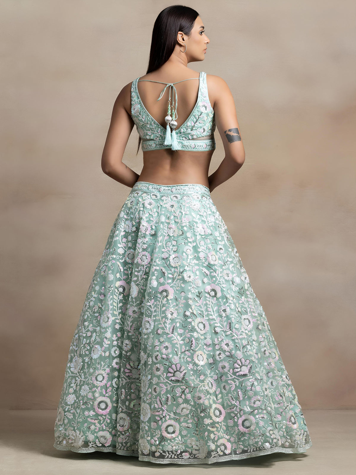Sea Green Net Thread & Sequins Embroidered Lehenga Choli for Mehendi