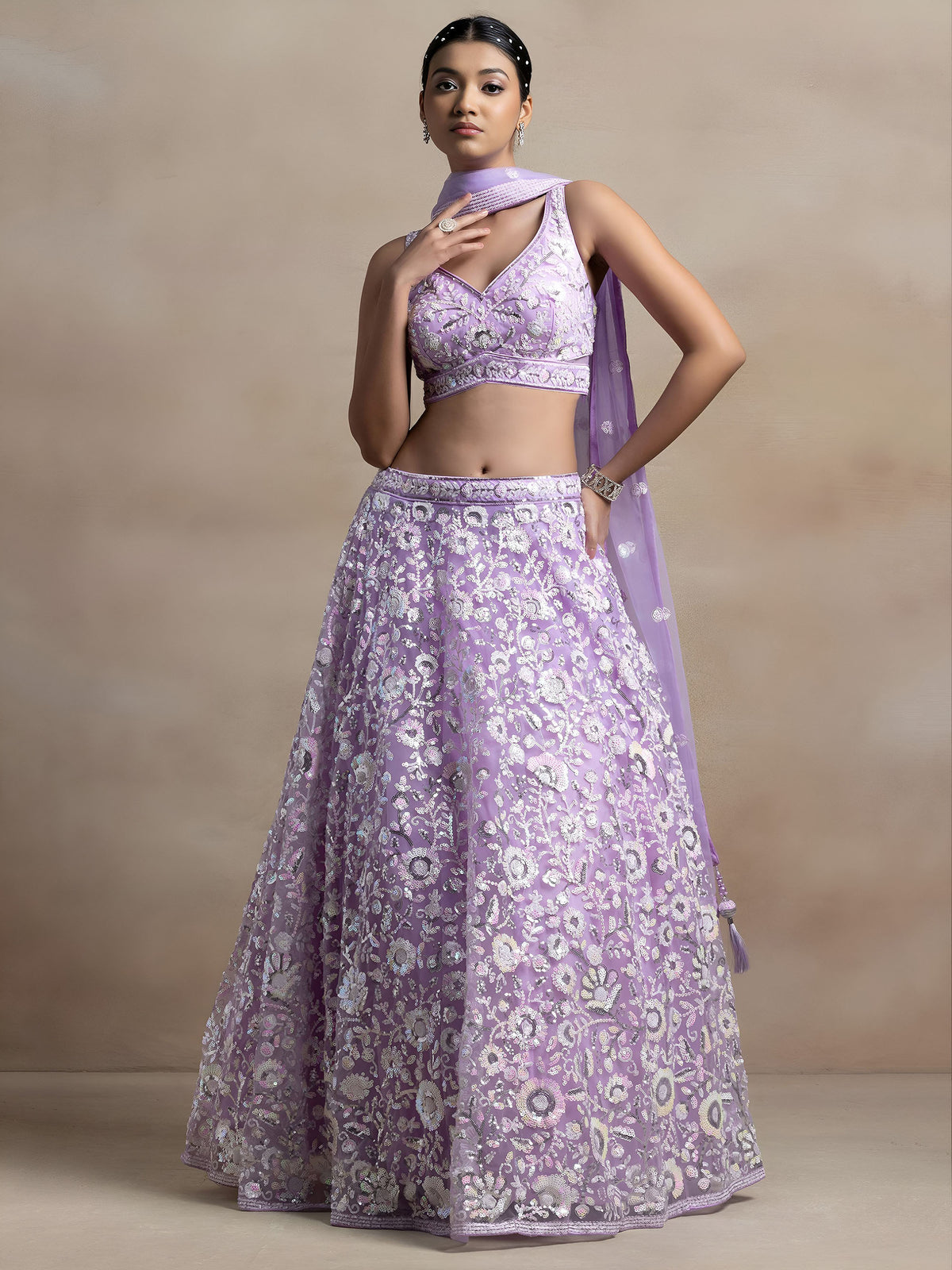 Lavender Thread & Sequins Embroidered Lehenga Choli for Sangeet