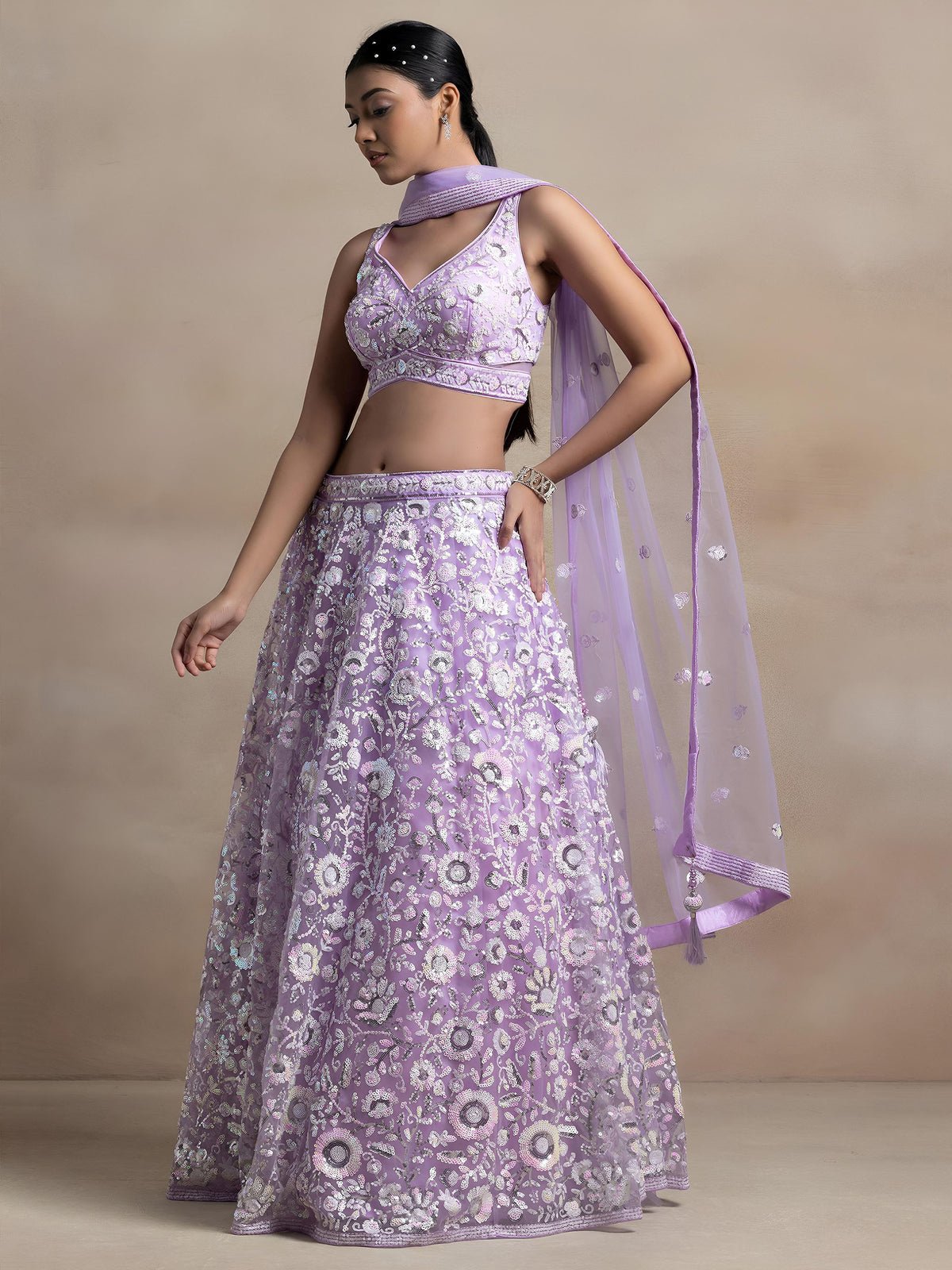 Lavender Thread & Sequins Embroidered Lehenga Choli for Sangeet