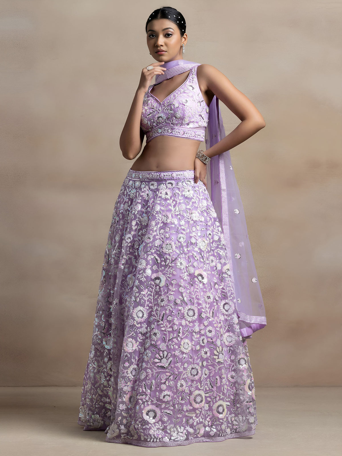 Lavender Thread & Sequins Embroidered Lehenga Choli for Sangeet