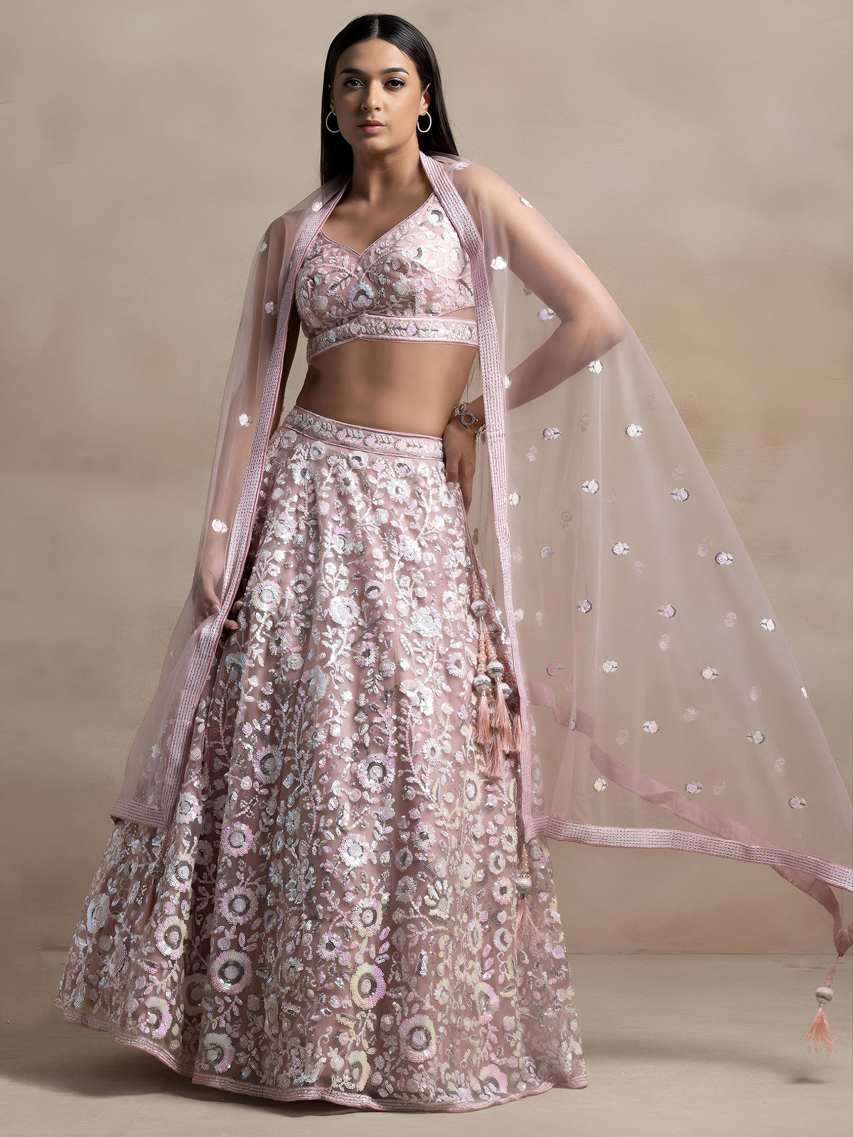 Pink Net Thread & Sequins Embroidered Lehenga Choli for Engagement