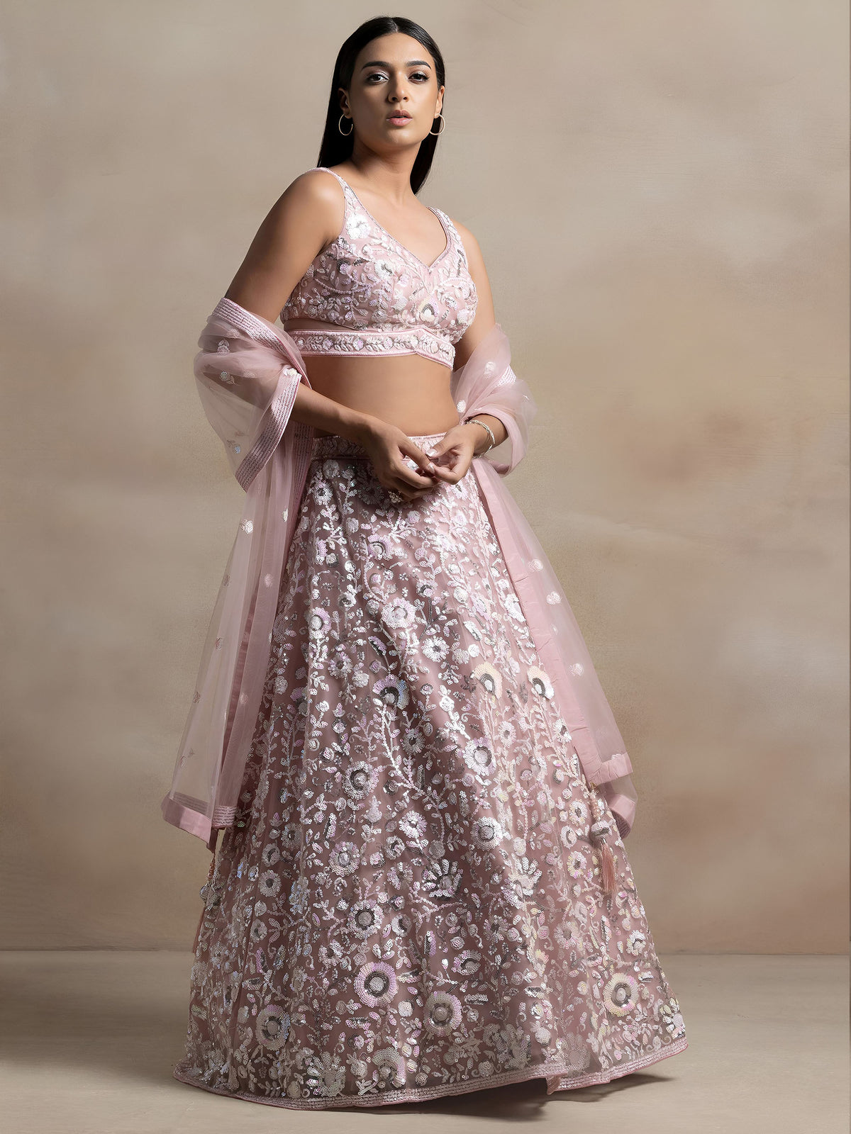 Pink Net Thread & Sequins Embroidered Lehenga Choli for Engagement