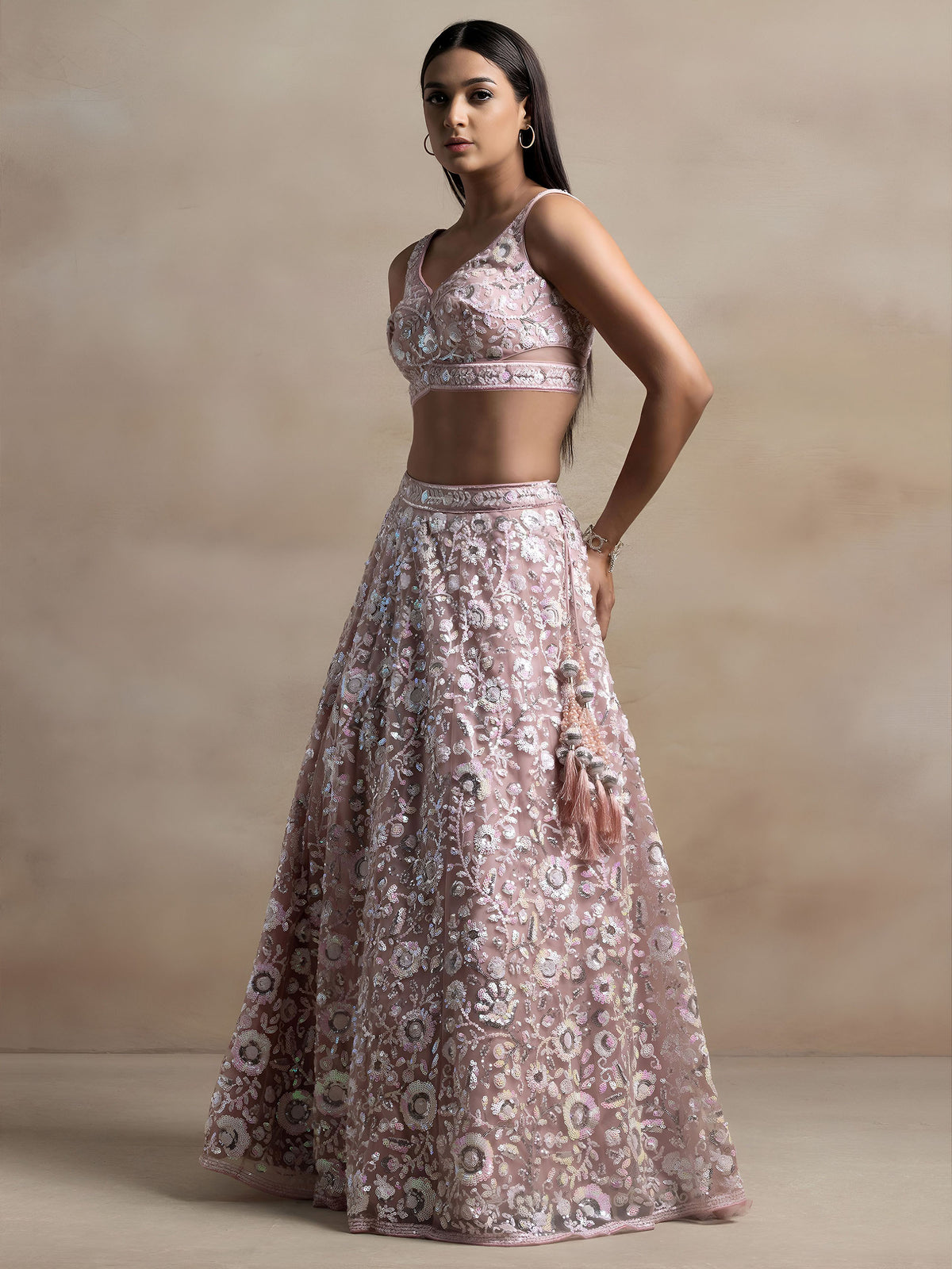 Pink Net Thread & Sequins Embroidered Lehenga Choli for Engagement