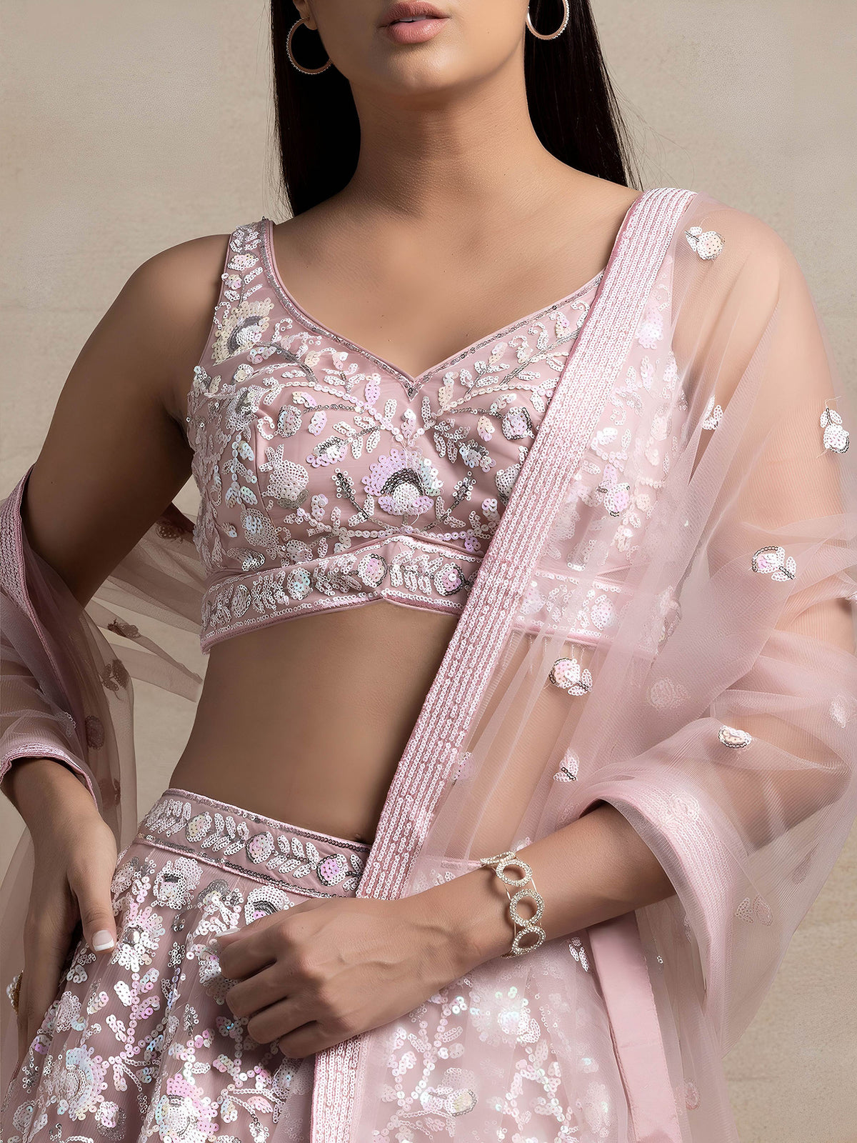 Pink Net Thread & Sequins Embroidered Lehenga Choli for Engagement