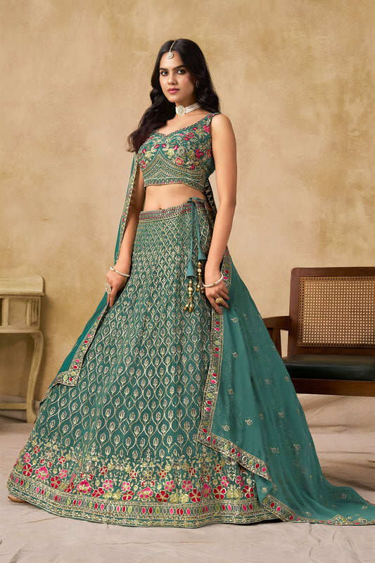 Blue Georgette Heavy Thread & Sequins Embroidered Bridesmaid Lehenga