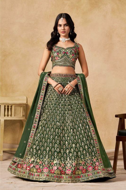 Green Georgette Heavy Thread & Sequins Embroidered Lehenga for Bridesmaid