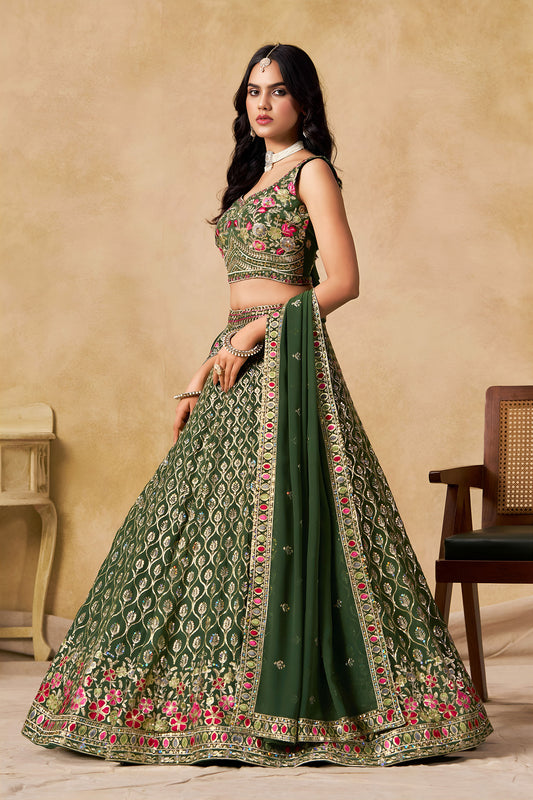 Green Georgette Heavy Thread & Sequins Embroidered Lehenga for Bridesmaid