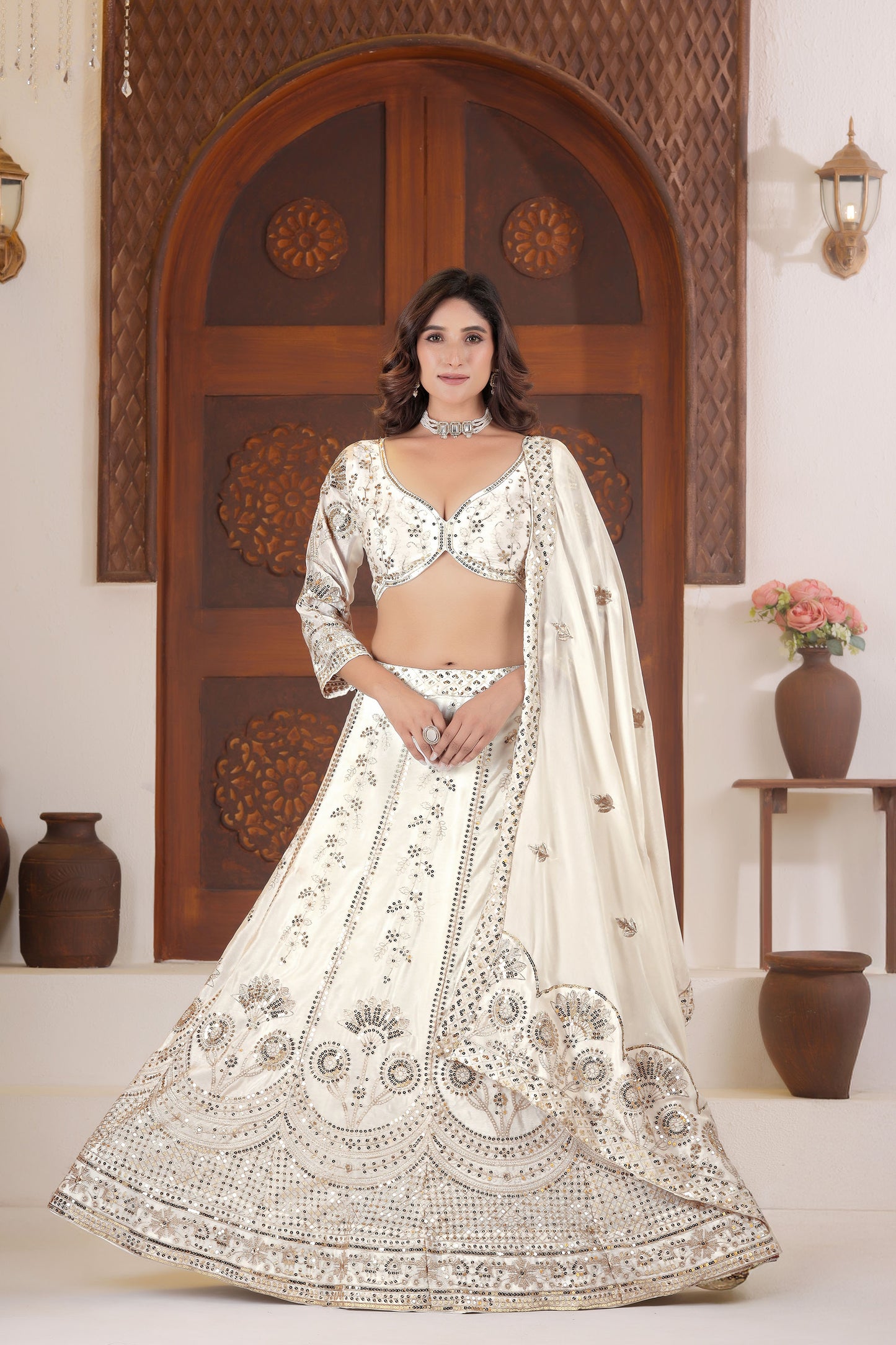 Ivory White Chinnon Silk Sequins & Zari Embroidery Lehenga Choli