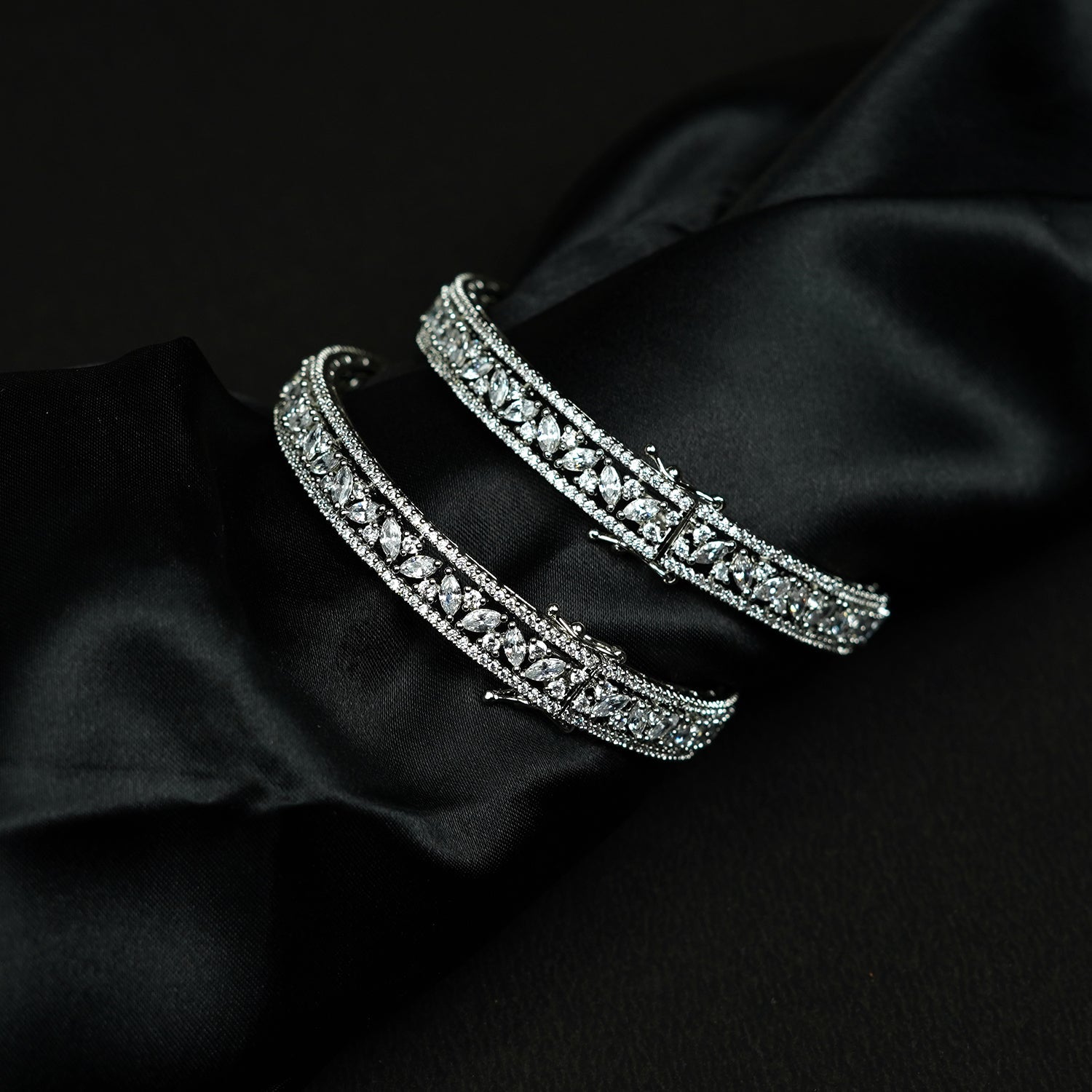 Zevar Club Set of 2 Rhodium-Plated Handcrafted AAA Cubic Zirconia Vine Motif Studded Premium Screw Adjustable Bangles