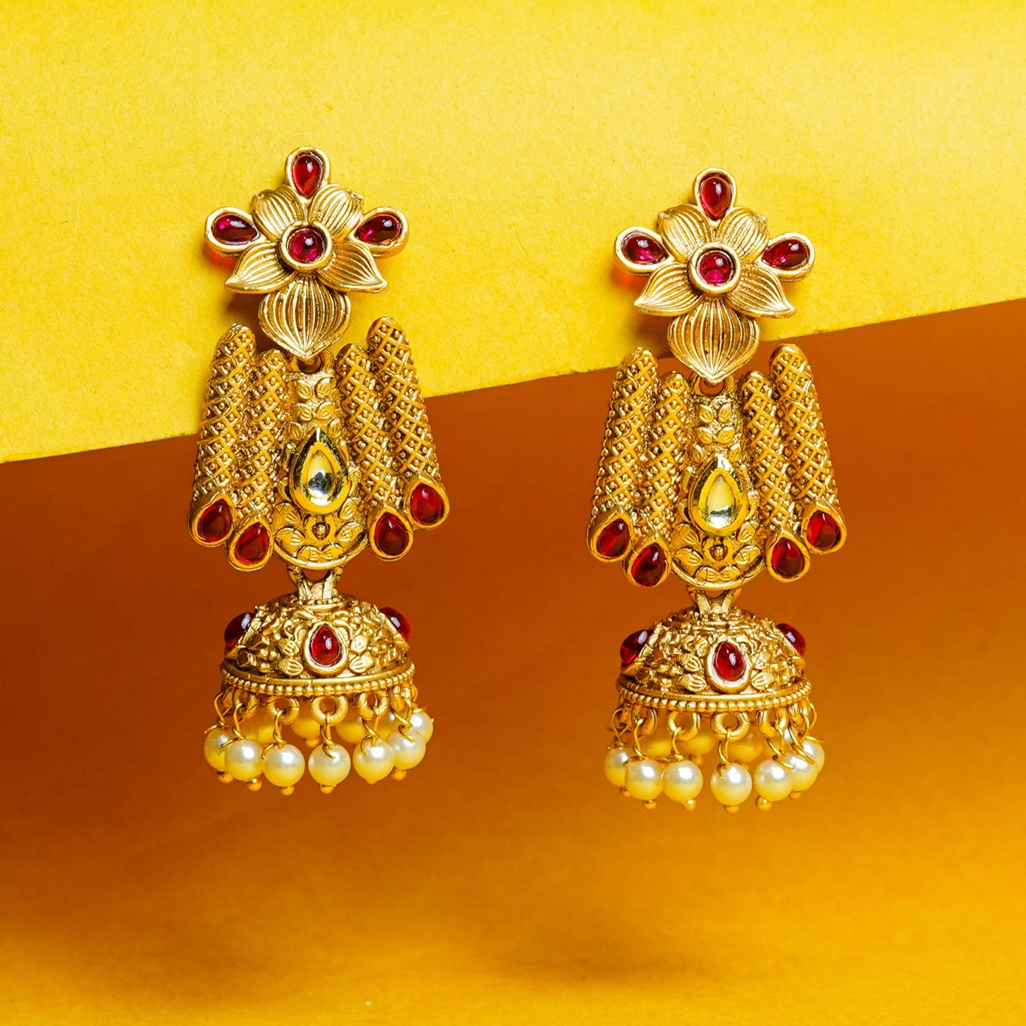 Zevar Club 18K Gold-Plated Green Kundan Stone Studded Floral Drop Earrings with Pearl Jhumka