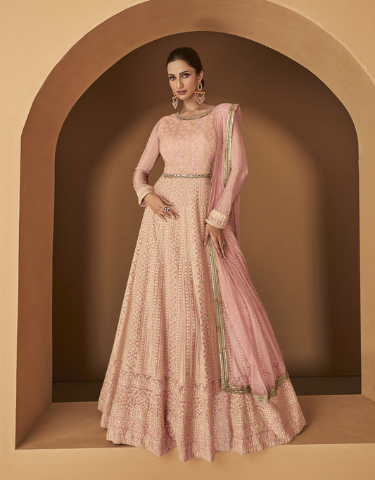 Peach Georgette Sequins Embroidery Anarkali