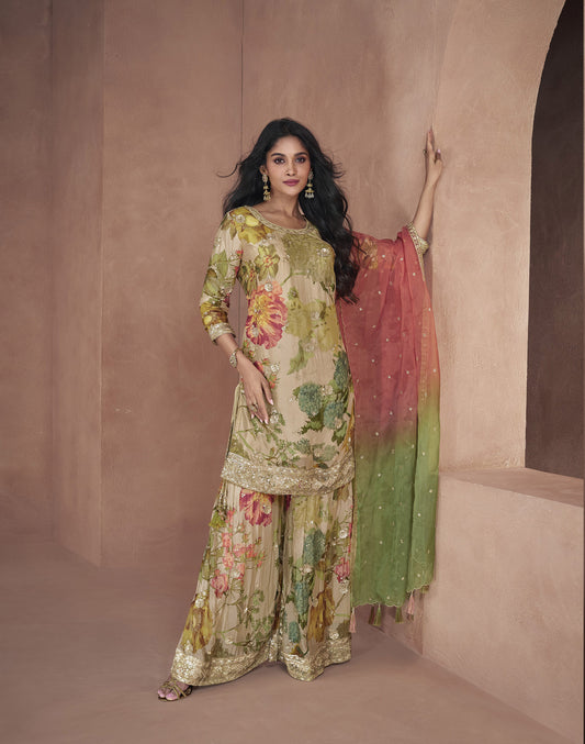 Beige Digital Floral Printed Chinnon Sharara