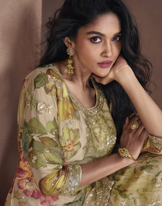 Beige Digital Floral Printed Chinnon Sharara