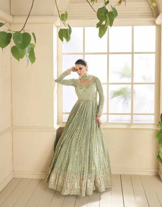 Sea Green Color Faux Georgette Sequins Embroidery Anarkali