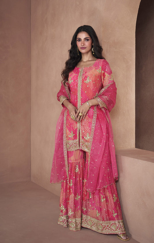 Pink Digital Floral Printed Chinnon Sharara