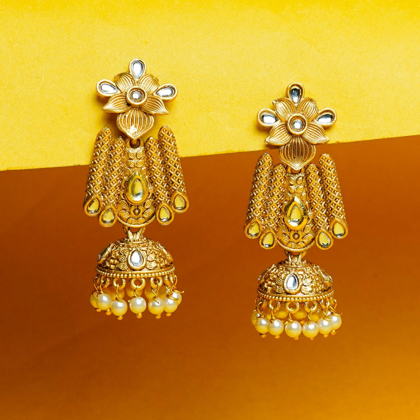 Zevar Club 18K Gold-Plated Green Kundan Stone Studded Floral Drop Earrings with Pearl Jhumka