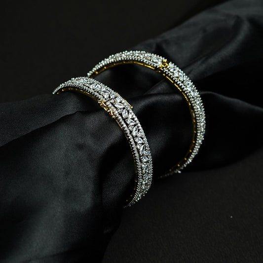 Zevar Club Set of 2 Rhodium-Plated & Gold-Lined Handcrafted AAA Cubic Zirconia Studded Premium Screw Adjustable Bangles