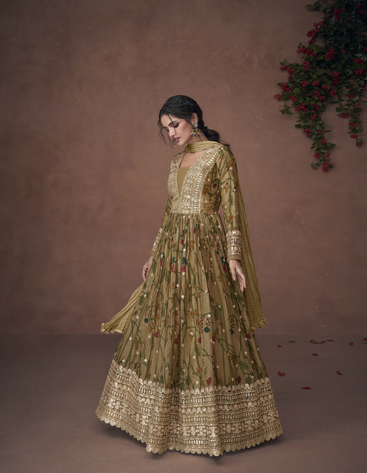 Green Color Floral Printed Embroidery Silk Anarkali