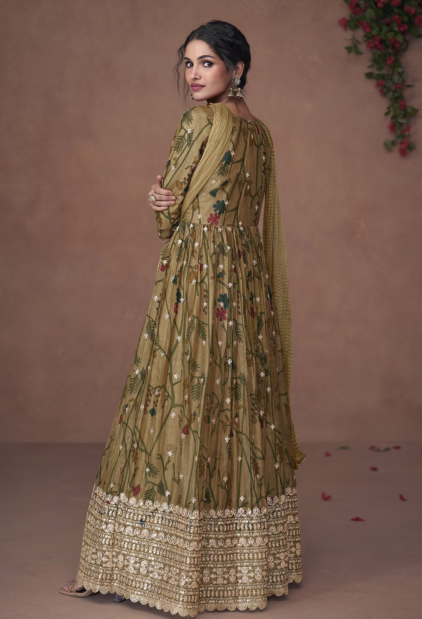 Green Color Floral Printed Embroidery Silk Anarkali