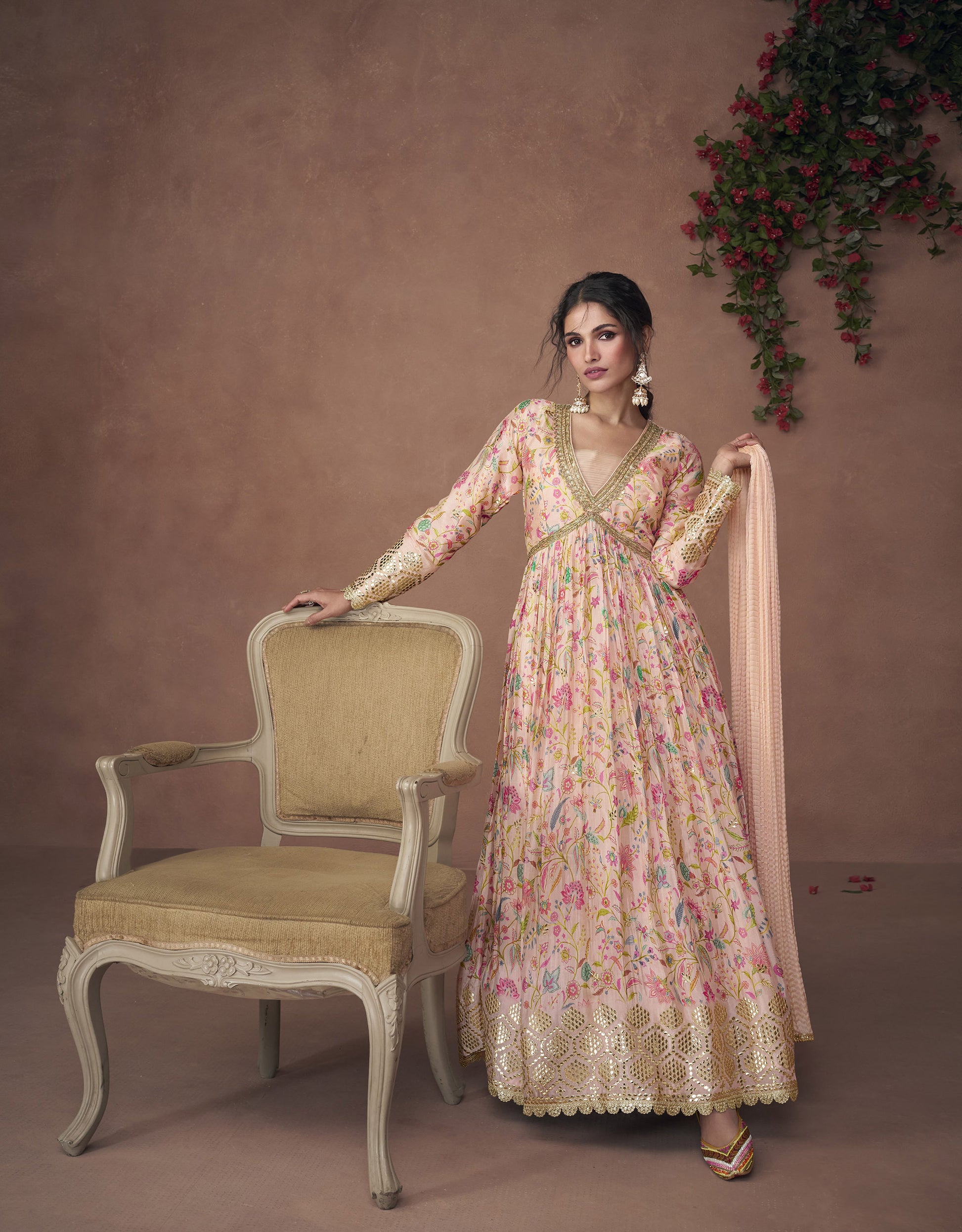 Peach Color Floral Printed Embroidery Silk Anarkali
