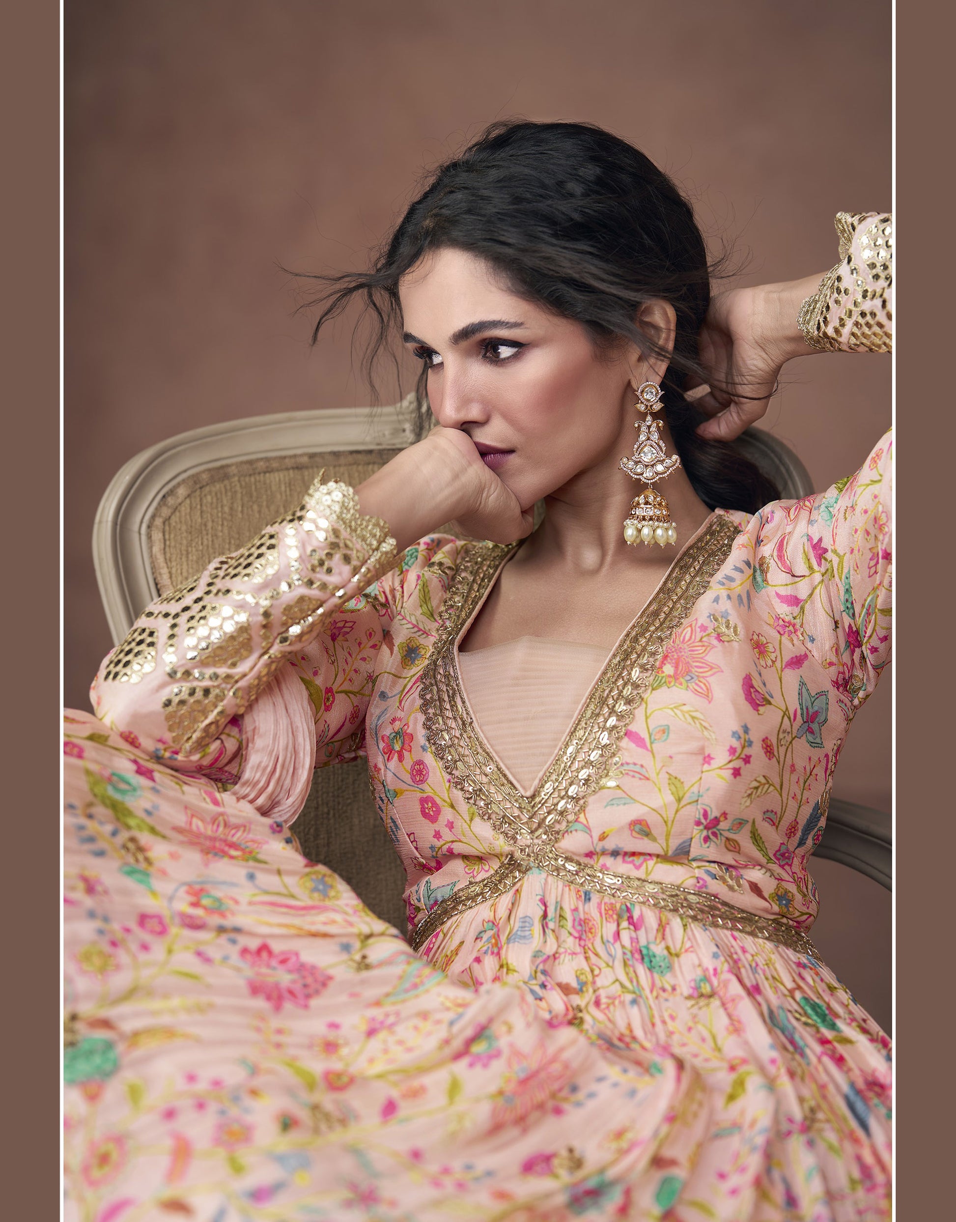 Peach Color Floral Printed Embroidery Silk Anarkali