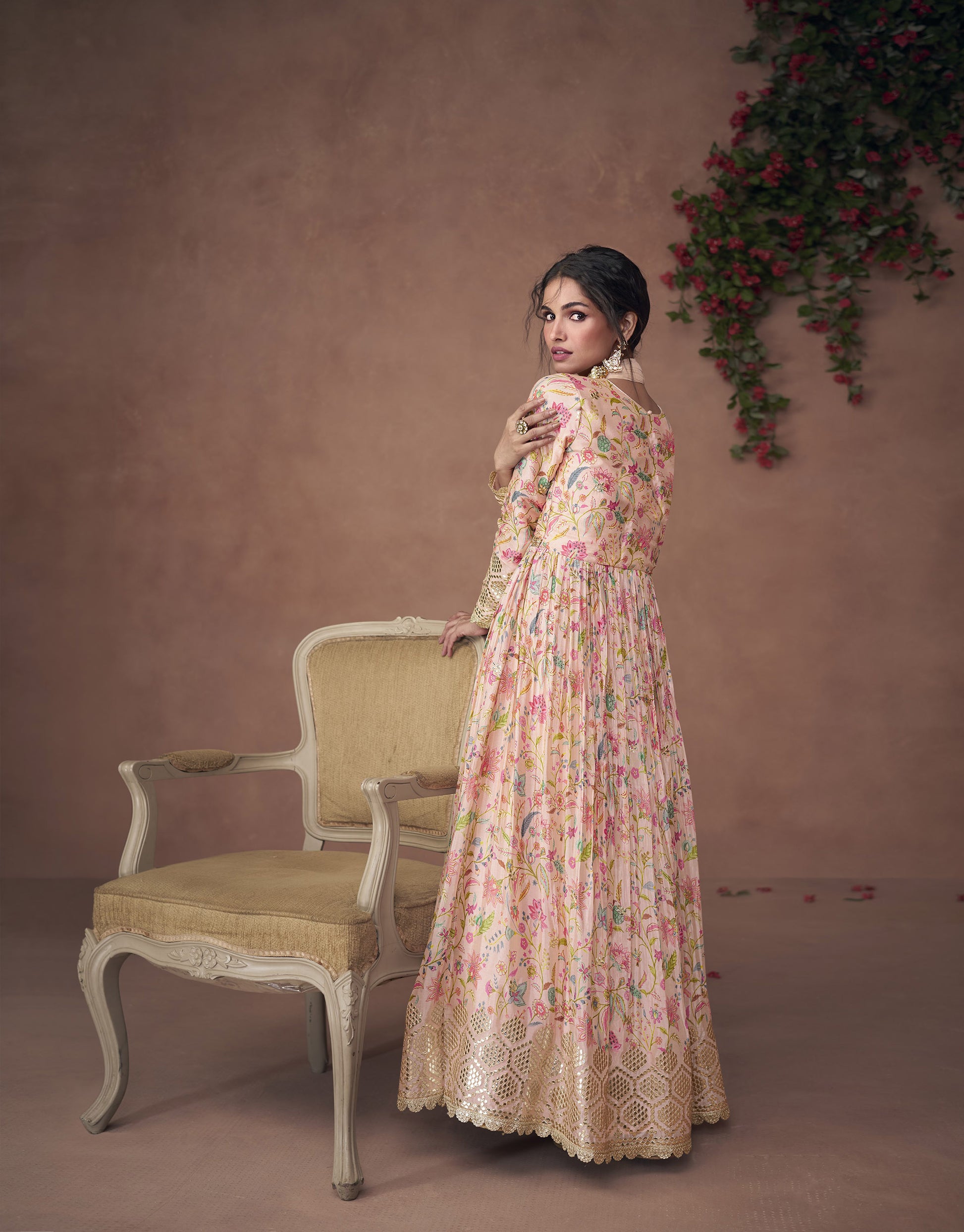 Peach Color Floral Printed Embroidery Silk Anarkali