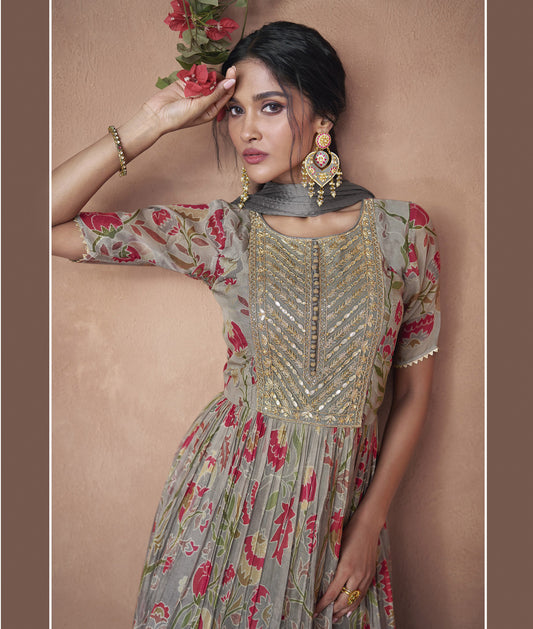 Grey Color Floral Printed Embroidery Silk Anarkali