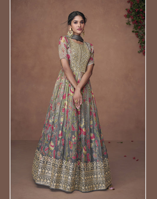 Grey Color Floral Printed Embroidery Silk Anarkali
