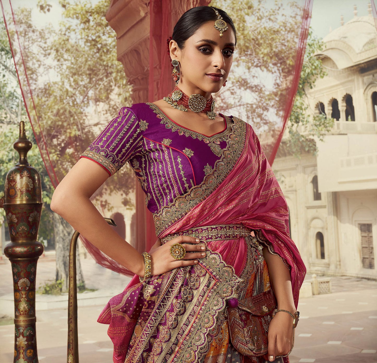 Purple and Yellow Sequins Work Banarasi Silk Bridal Lehenga